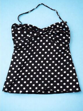 Mossimo Black White Polka Dot Tankini Top L Halter Strap Removable